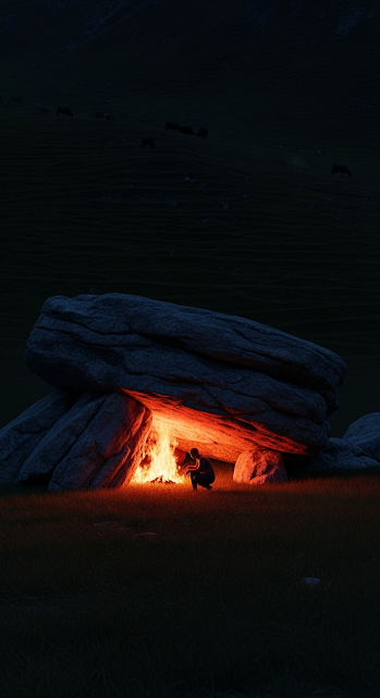 Isolated Figure Sheltering by a Bright Fire in a Rock Cave on a Dark Hillside at Night - Free mobile Wallpaper