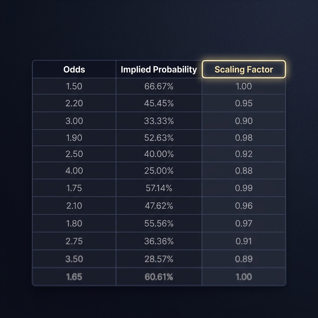 Close up minimalist spreadsheet showing odds implied probabilities and a highlighted scaling factor cell on dark Funded Plays branded background no vig odds calculator
