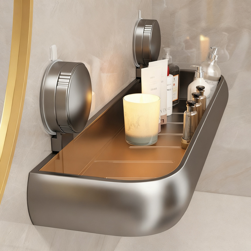 Bathroom shelf with suction cup, height adjustable