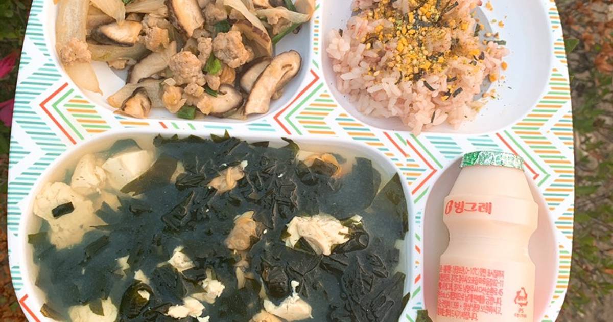 Ăn Dặm - Canh ngao rong biển đậu phụ. Nấm xào thịt