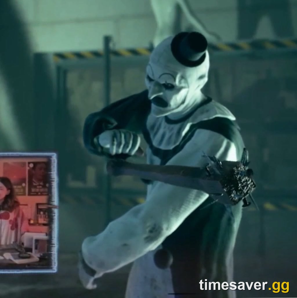 Art the Clown's Dead by Daylight model holding a rusted saw-toothed weapon during the October of Horror first look