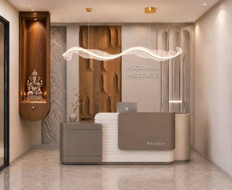 Office interior design in Indore, corporate reception in marble and walnut