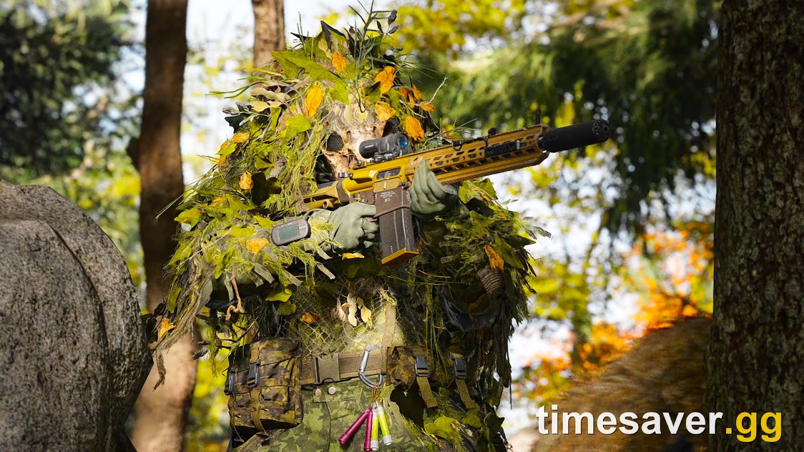 Modern Warfare 4 operator with a gold-camo sniper rifle in a ghillie suit