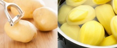 Chuẩn bị 1 thau nước lạnh có pha chút muối loãng. Khoai tây gọt vỏ, gọt xong đến đâu thả ngay vào thau nước ngâm muối khoảng 15 phút để khoai không bị thâm. Khoai ngâm xong rửa sạch, vớt ra cắt miếng theo hình dạng tùy ý.