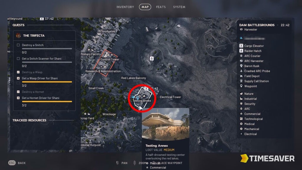 ARC Raiders Dam Battlegrounds map with the Testing Annex circled and the in-game inspect reading 'a half-drowned testing center overlooking the red lakes'