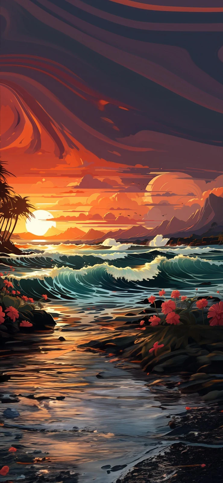Tropical Sunset Over Ocean Waves - Digital Art Full HD iPhone Wallpaper (1284x2778)
