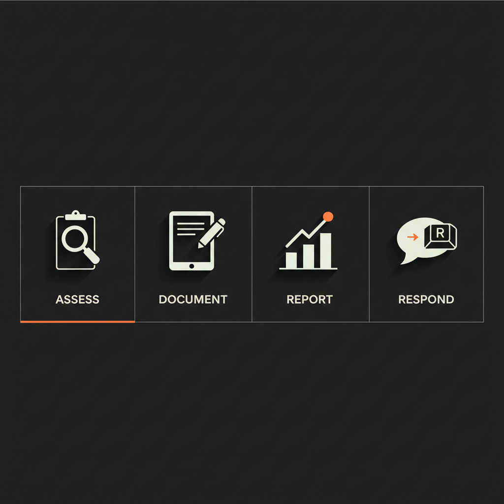 Minimal full-frame infographic showing four steps—Assess, Document, Report, Respond—with flat vector icons in Social Success Hub colors, illustrating Google review removal time.