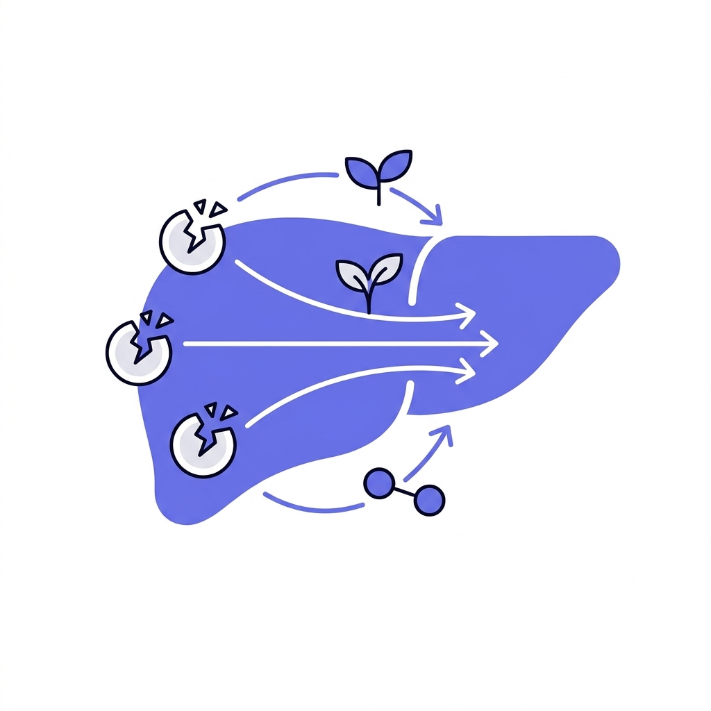 Minimalist 2D vector infographic of a liver with arrows showing repair pathways and icons for VEGF and nitric oxide in Peptide World colors bpc 157 peptide