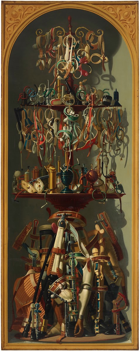 Still lifes depicting prosthetic arms prosthetic legs and medical instruments in