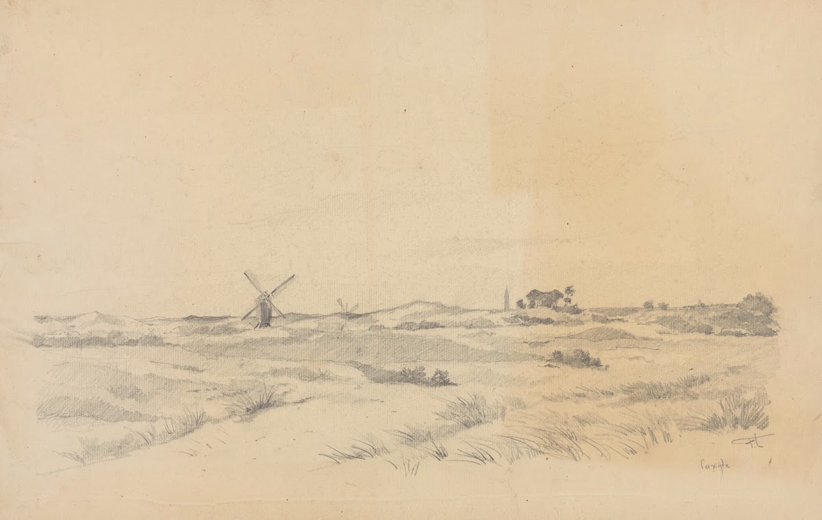 Coxyde  vue de la campagne avec moulins et village à lhorizon
