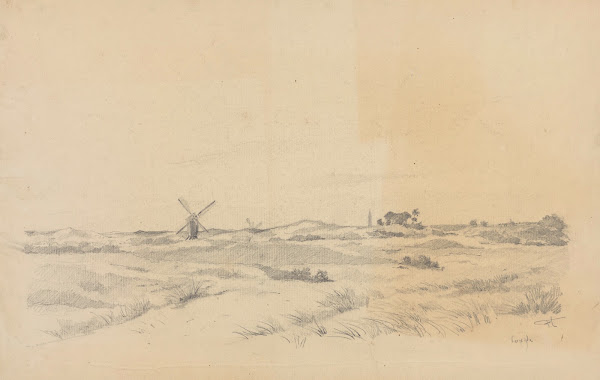 Coxyde  vue de la campagne avec moulins et village à lhorizon