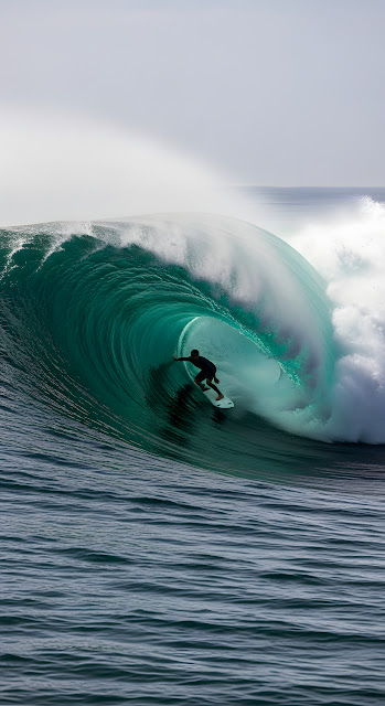 Dynamic Mid-Action Photo of Surfer Riding a Large, Barrel-Shaped Ocean Wave - Free mobile Wallpaper