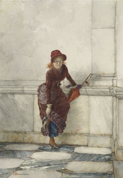 Staande jonge vrouw tegen muur geleund 1869   1937