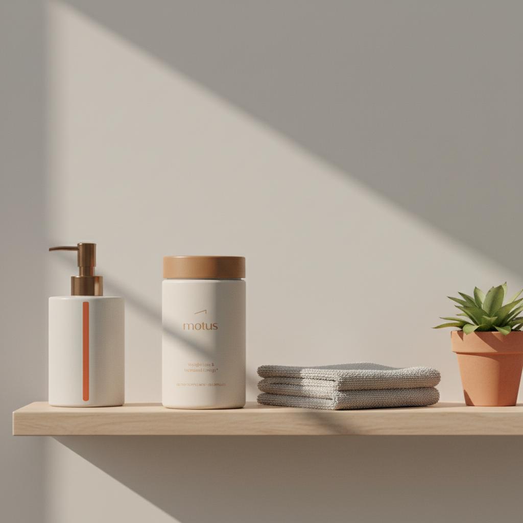 Motus supplement container on a minimalist bathroom shelf with folded towel and small plant in Tonum brand tones, soft directional light — over the counter phentermine alternative