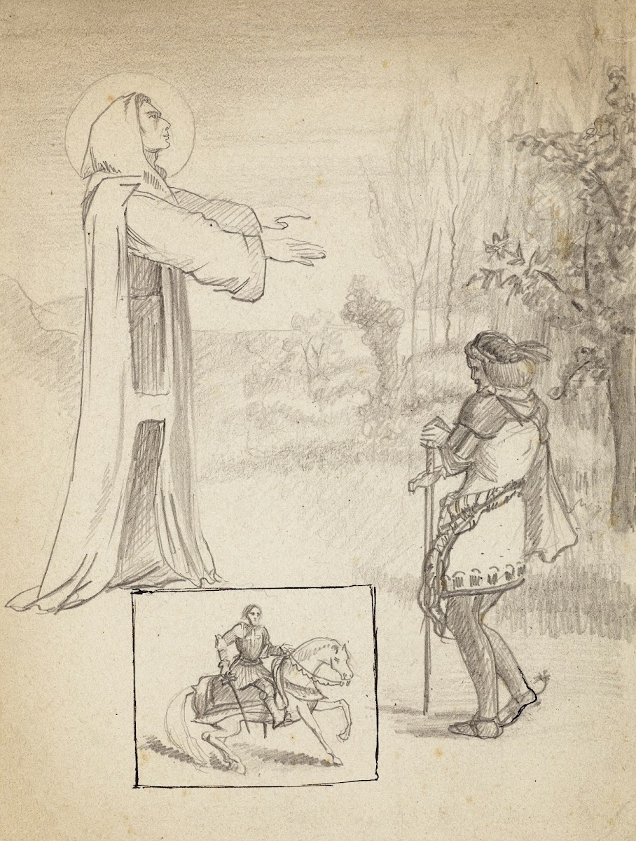 Saint religieux apparaissant à un chevalier et croisé à cheval dans une vignette