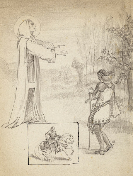 Saint religieux apparaissant à un chevalier et croisé à cheval dans une vignette