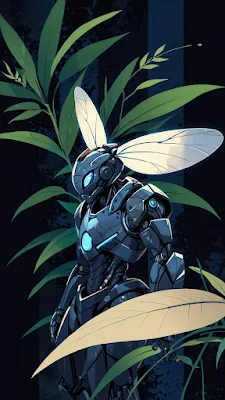 Cybernetic Moth Sentinel in Overgrown Neon Jungle