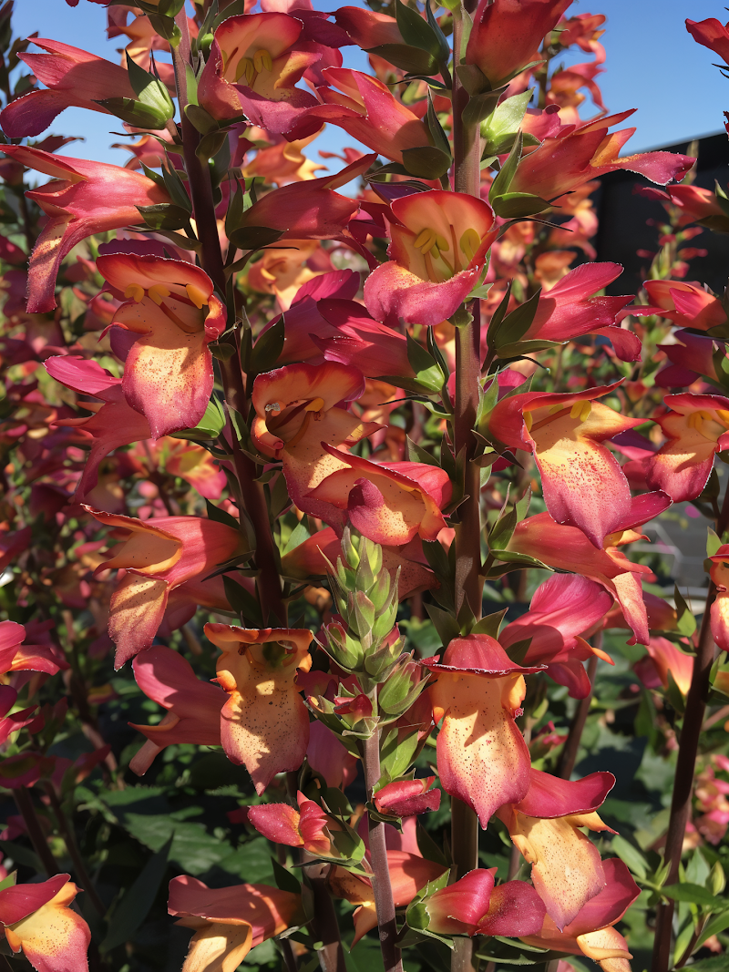 Digiplexis 'Falcon Fire' in piena fioritura, spighe di fiori arancio-rosa in un giardino soleggiato.