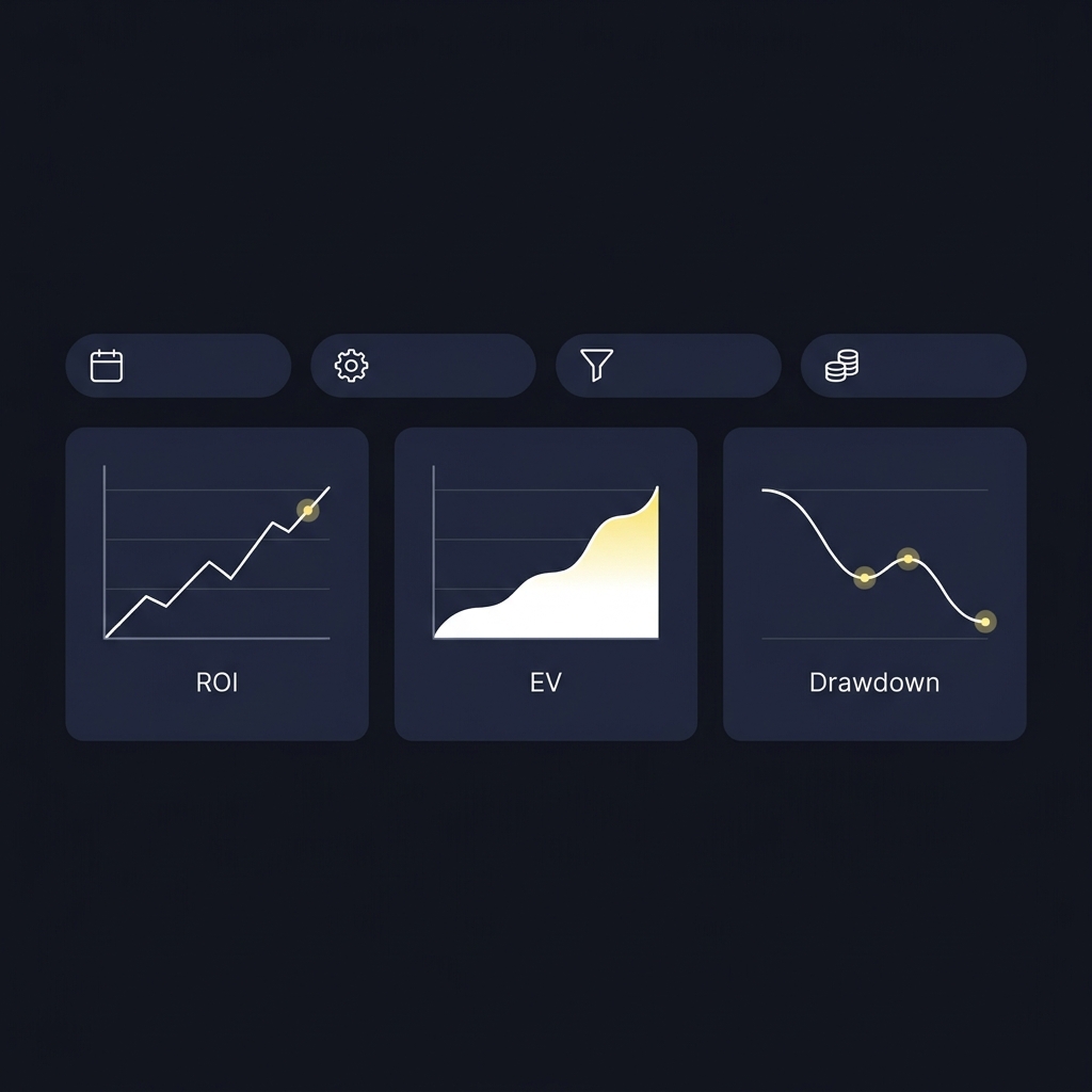 Minimal 2D vector dashboard showing ROI and EV charts drawdown curve and strategy filters in Funded Plays palette Turning Bet History into Actionable Insights