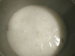 Cho cơm cùng 400ml nước vào, nấu sôi nhỏ lửa 5 phút. Cho thịt cá thu, 1/2 muỗng cà phê muối, 1/2 muỗng cà phê bột ngọt cho vừa ăn.