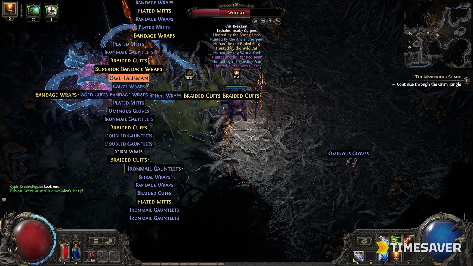 A Sacred Azmerian Wisp encounter exploding with loot and an Owl Talisman drop in Path of Exile 2 0.5