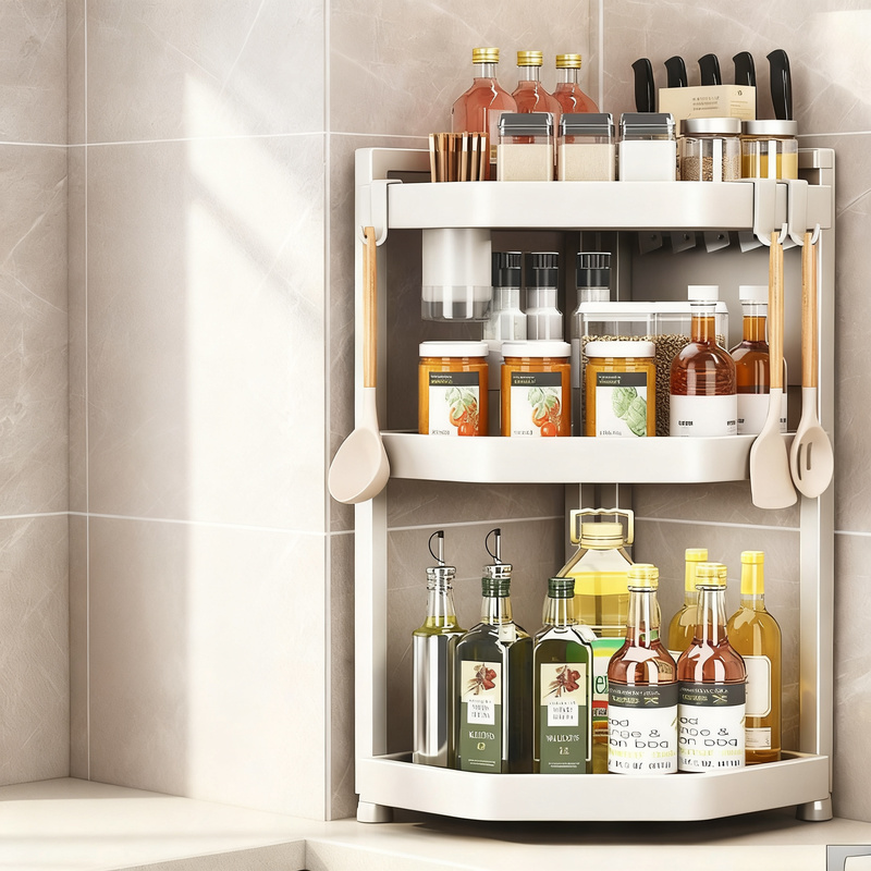 Triangular corner shelf for kitchen counter, multi-tiered