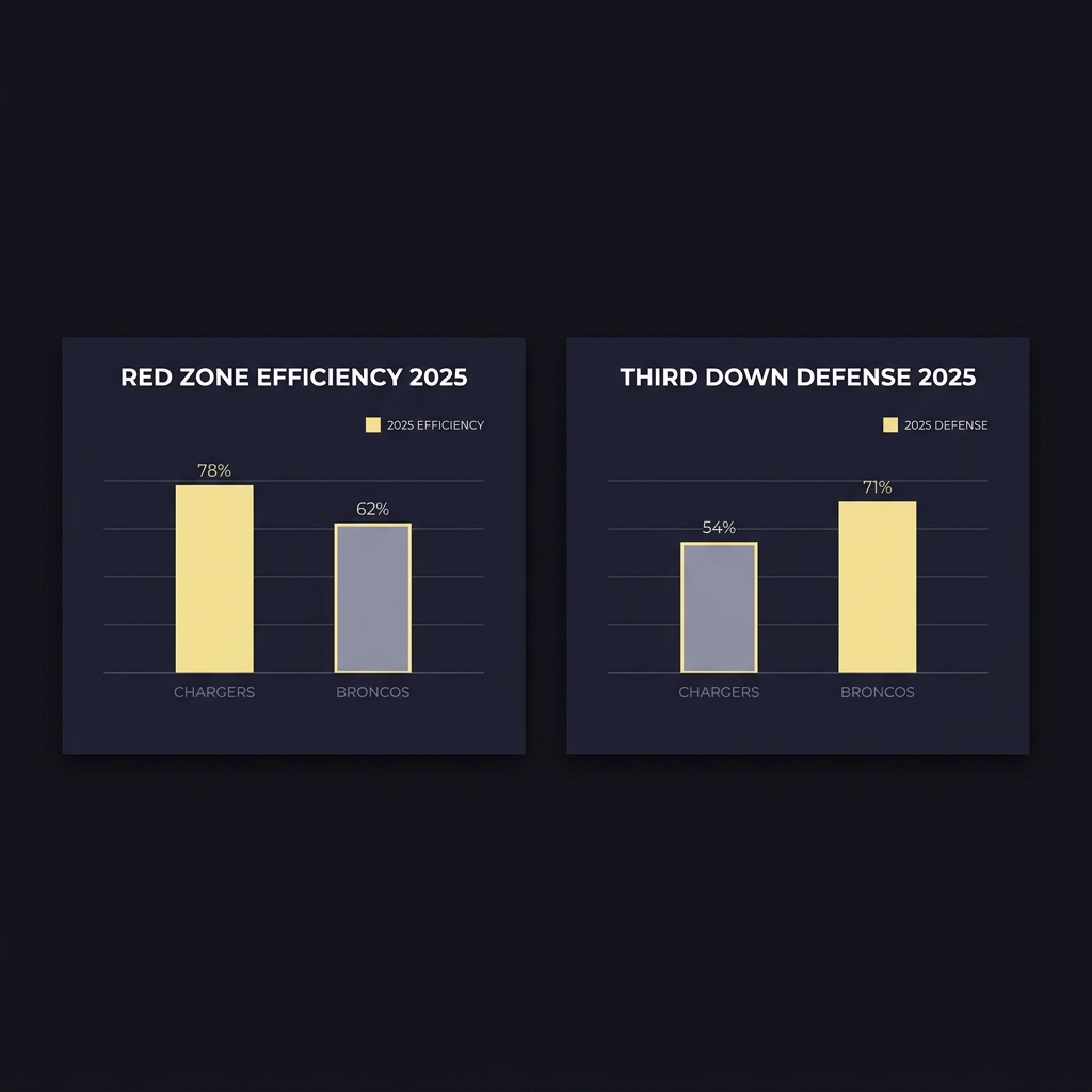 Side by side minimalist charts comparing 2025 red zone efficiency and third down defense for Chargers and Broncos on dark Funded Plays style background broncos chargers prediction