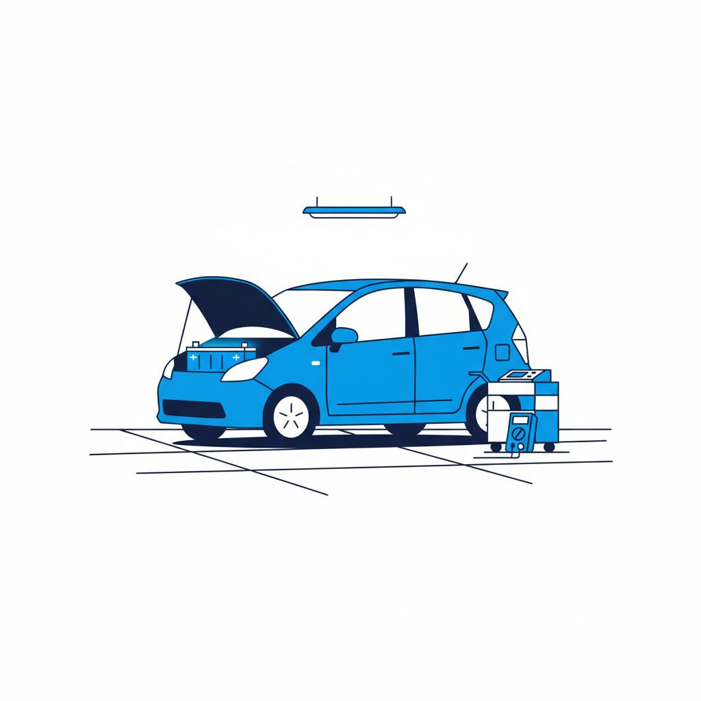 Minimal 2D vector of a Prius style car with open hood showing hybrid battery pack and a diagnostic tool cart in a clean garage scene emphasizing toyotas for sale