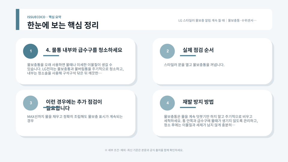 LG 스타일러 물보충통의 수위와 수위센서를 점검하는 순서 안내 이미지