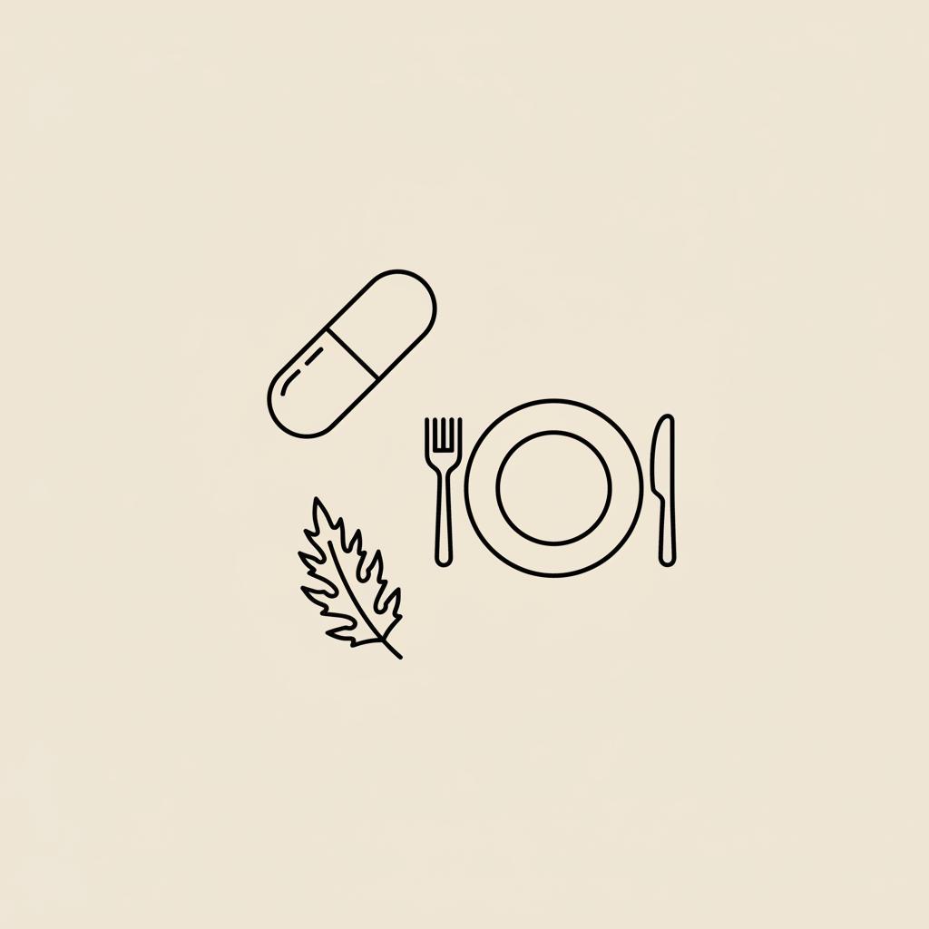 Minimal Tonum-style line illustration of a capsule, small plate with cutlery, and milk thistle leaf on beige background representing mct oil liver effects.