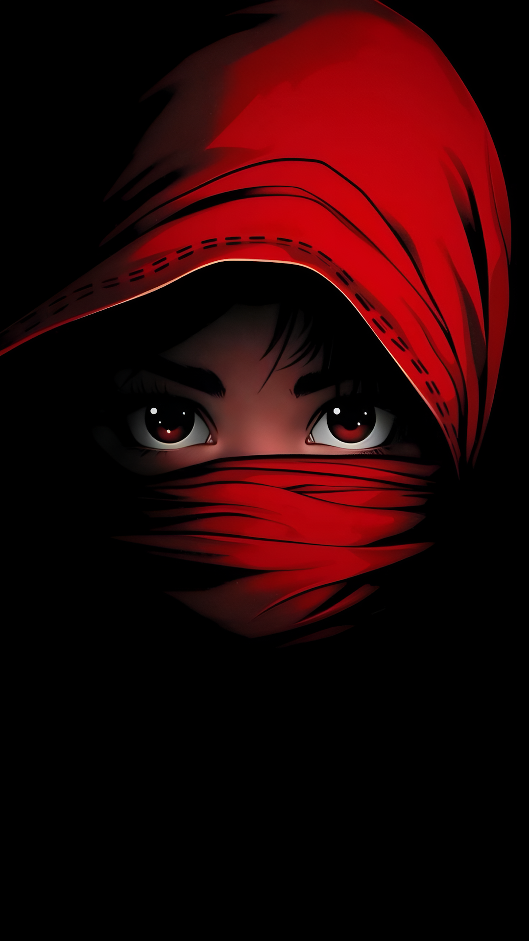 Intense Red Hooded Figure Eyes Minimalist Dark Vector Art - Free 4K mobile Wallpaper
