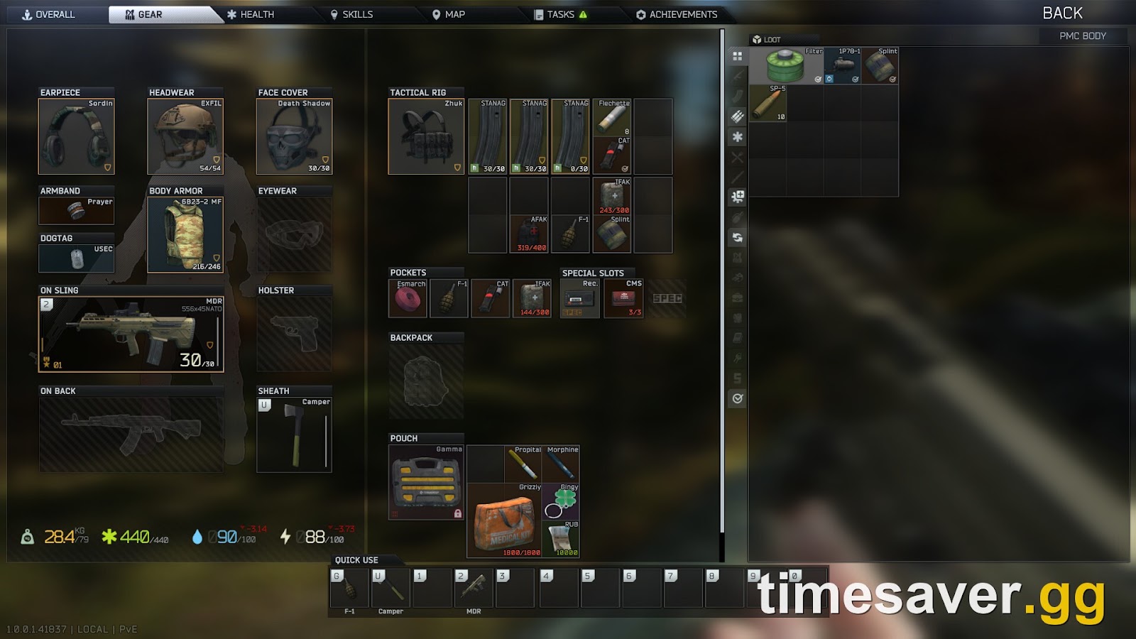 A fully-geared Tarkov PMC kit — the kind of loot a cleared Rogue drops: rifle, tier-5 armor, helmet and a rig full of ammo
