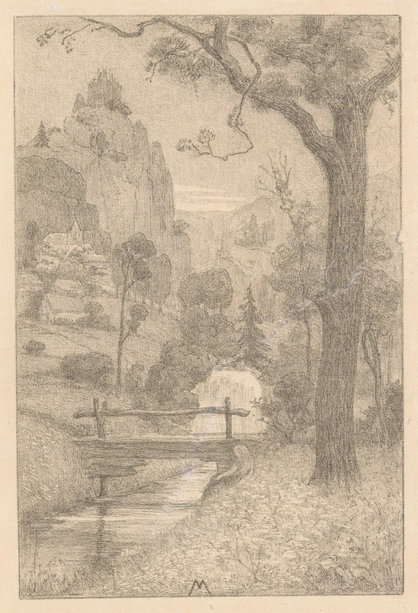 Berglandschap met waterval en brug 1901