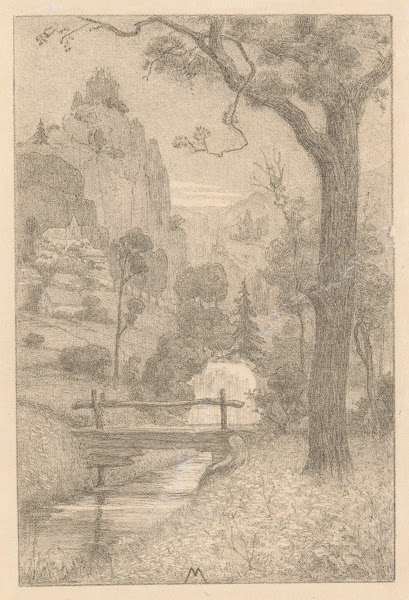 Berglandschap met waterval en brug 1901