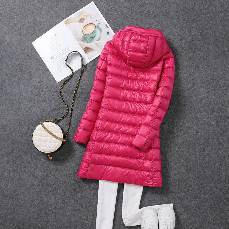 Women's down coat, mid-length, with detachable hood