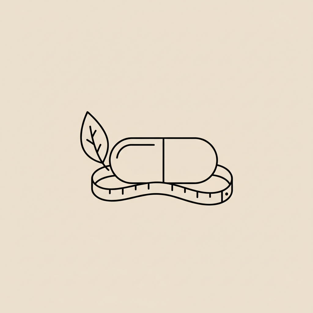 Minimal Tonum-style line illustration of a capsule, small leaf and measuring tape on a beige background representing probiotics for belly fat