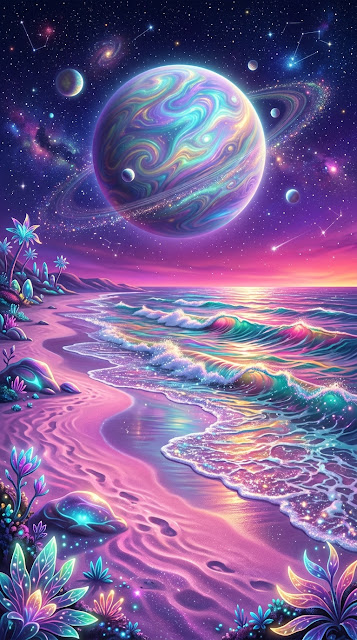 Cosmic Beach Landscape with Giant Iridescent Planet and Pink Sand - Free mobile Wallpaper