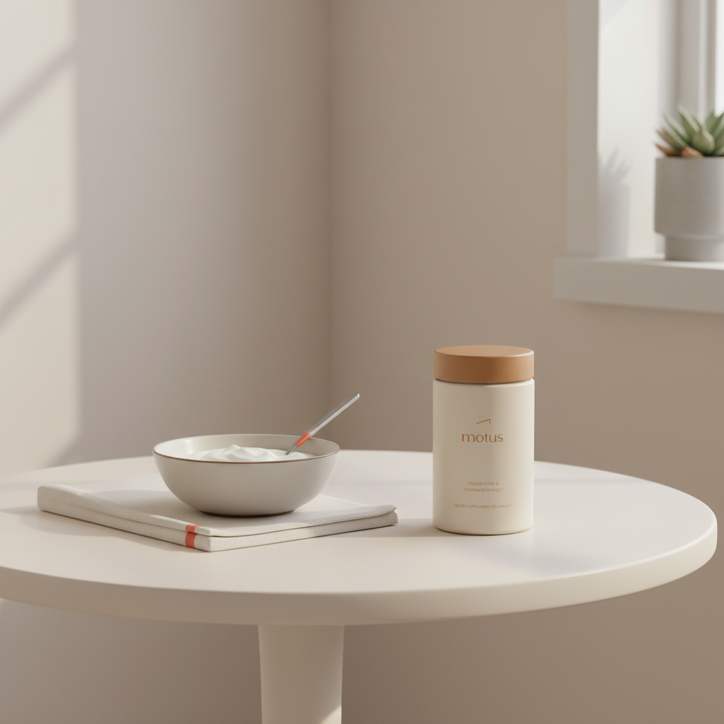Tonum Motus supplement jar beside Greek yogurt in a minimalist breakfast nook suggesting supportive daily use — protein powder ingredients to avoid