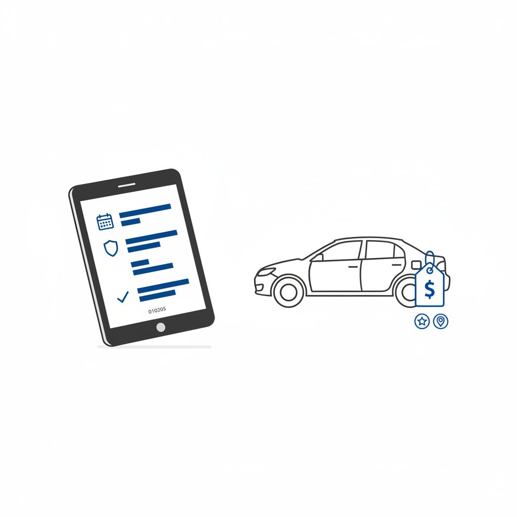 Minimalist 2D vector split view of a tablet showing a vehicle history report beside a simplified used car listing representing toyotas for sale in CarFax Deals colors