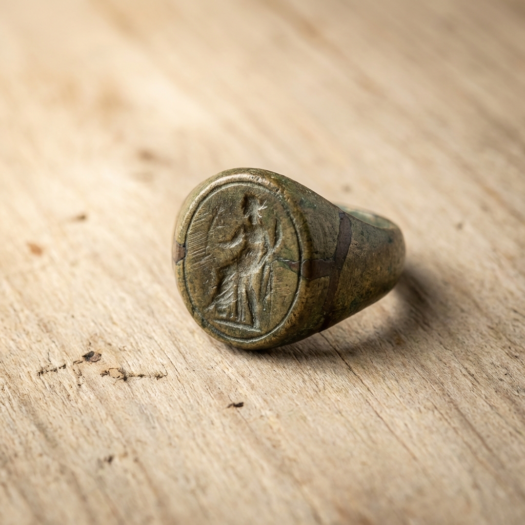 Close up macro photo of a bronze ring bezel with worn intaglio patina and restoration seams on a light wooden board minimalist background ancient viking rings for sale