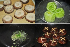 Nấm đông cô cắt bổ phần cuống nấm, rửa sạch, khứa 2 đường vuông góc trên mặt nấm vừa đẹp vừa thấm gia vị. Cải thìa rửa sạch, cắt ngang ở phần thân trắng của cây tạo hình bông hoa hồng. Đun nước sôi, chần 4 bông hoa hồng qua nước sôi. Bắt chảo lên bếp, làm nóng dầu cho đầu hành trắng, gừng đã băm vào, cho nấm đông cô vào xào.