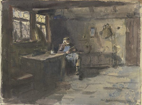 Alter sitzender Mann in einfachem Wohnraum lesend 1907