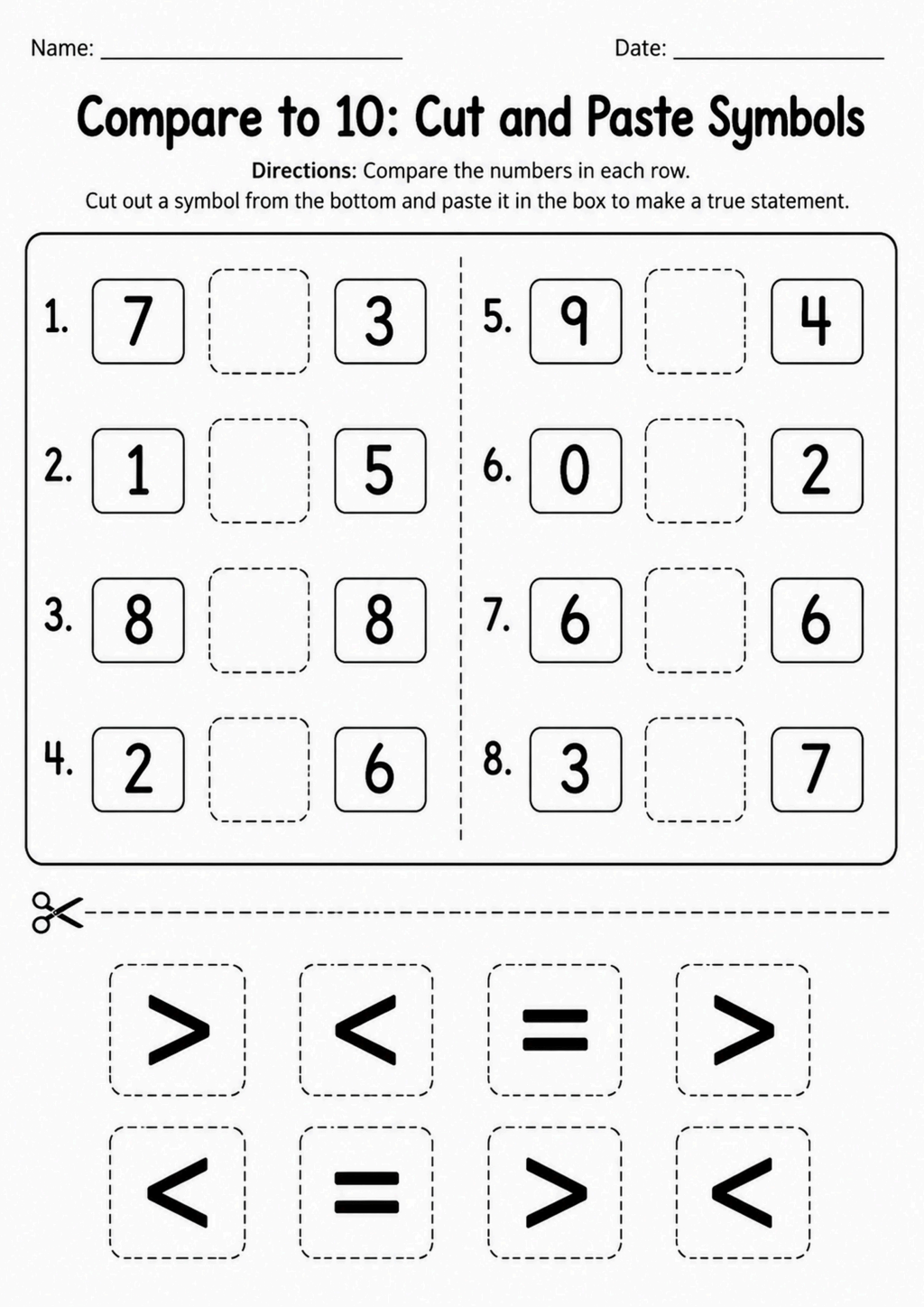 Cut and Paste Symbols to 10 Worksheet