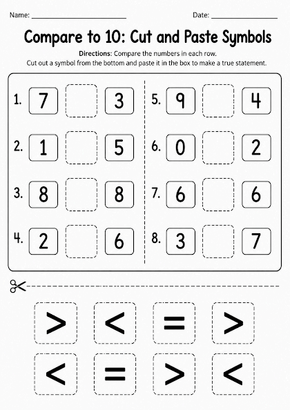Cut and Paste Symbols to 10 Worksheet