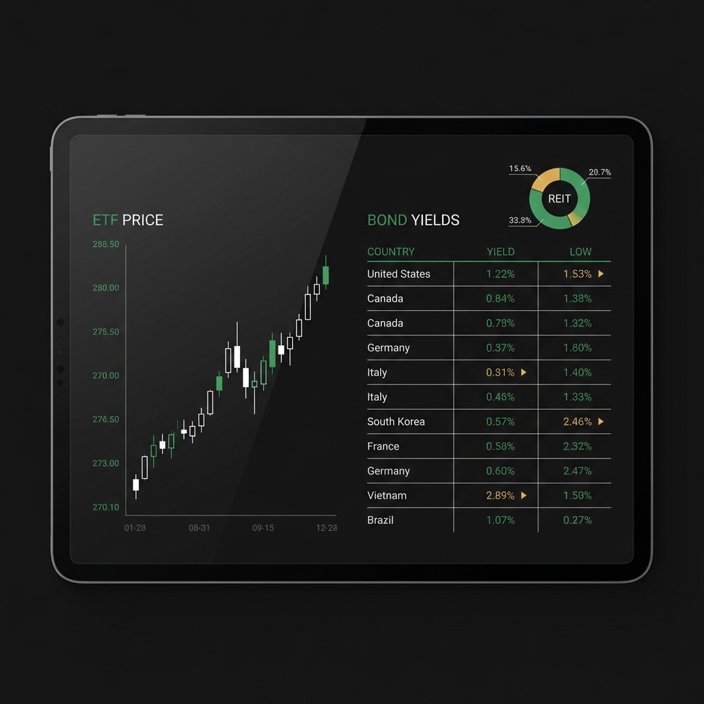 Close up tablet financial dashboard showing ETF price chart bond yields table and a small REIT pie slice with brand green highlights illustrating passive income investments