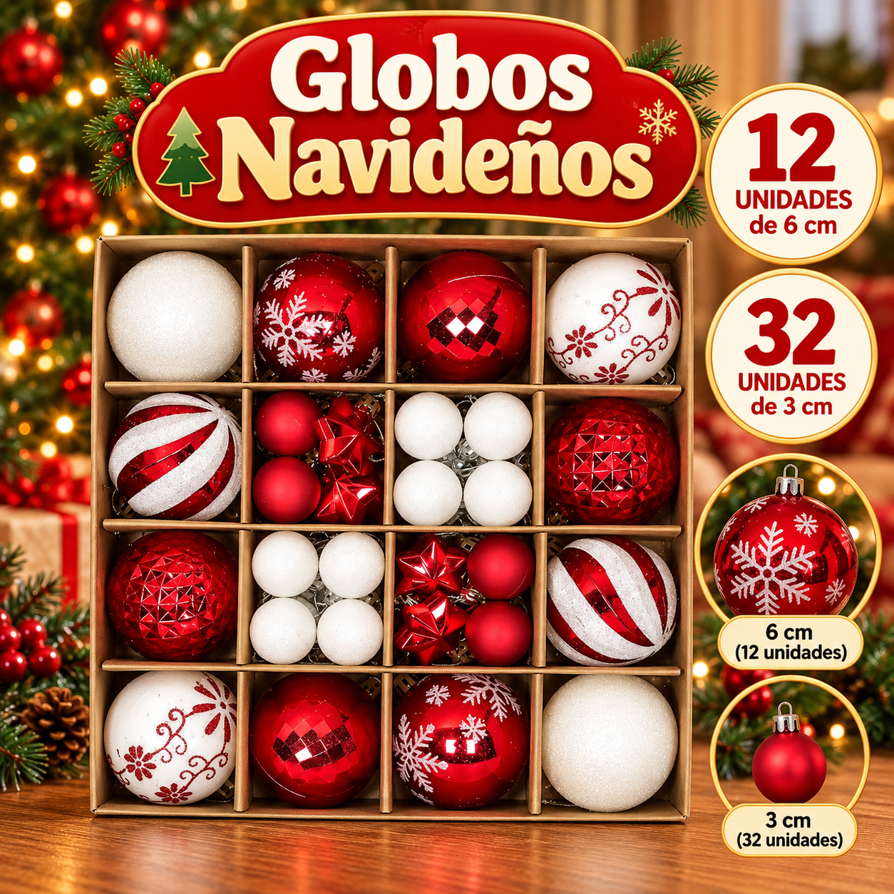 Set de 44 bolas navideñas rojas y blancas (6 cm y 3 cm)