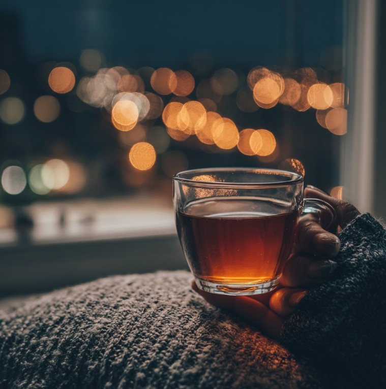 밤에 따뜻한 차를 마시는 모습