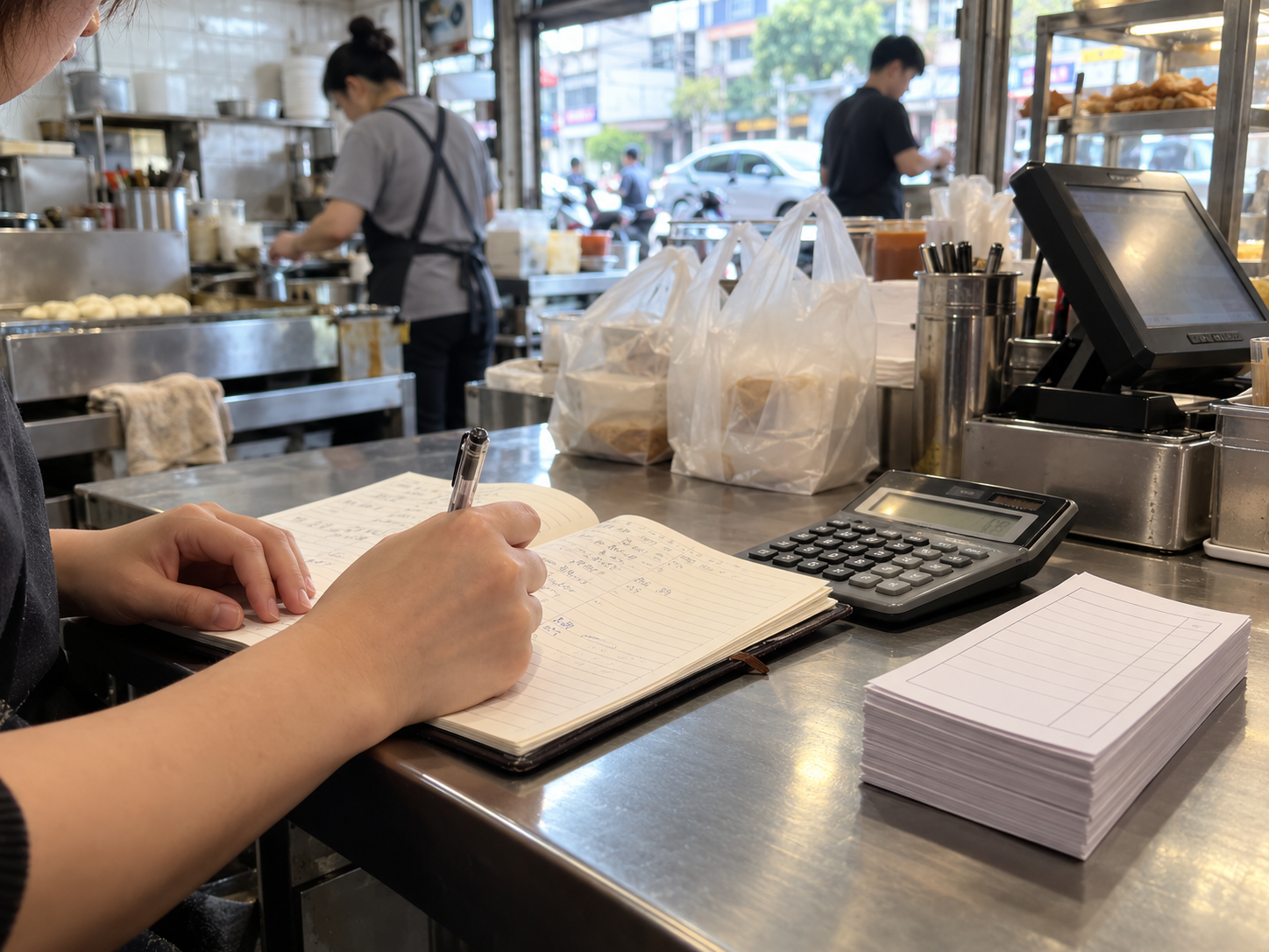 早餐店尖峰結束後用筆記本、訂單和計算機記錄錯單原因與成本