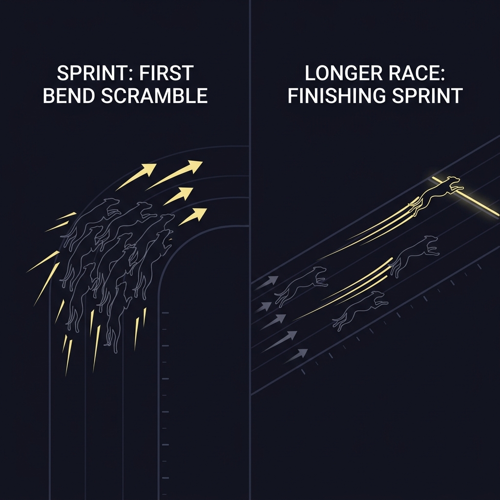 Minimalist 2D vector split panel comparing sprint first bend scramble and longer race finishing sprint with arrows showing early pace using Funded Plays palette greyhound racing bets