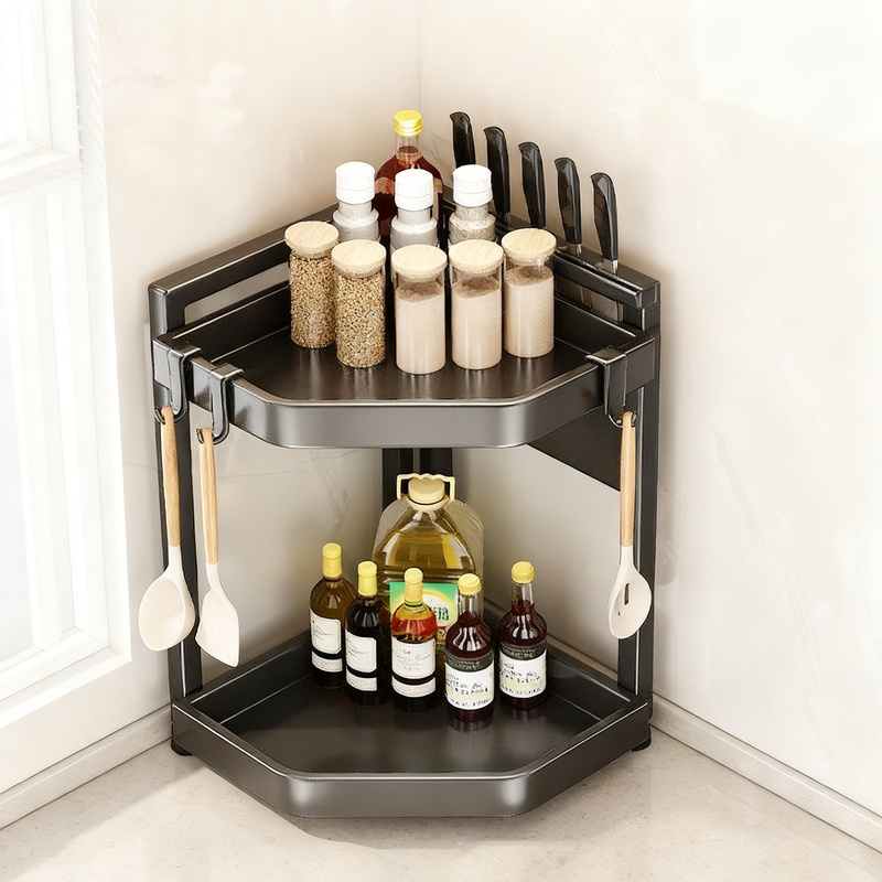 Triangular corner shelf for kitchen counter, multi-tiered